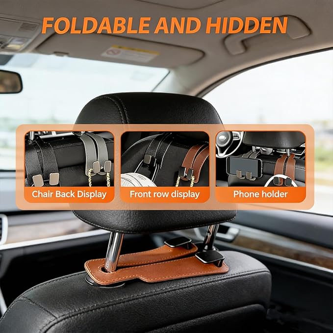 Headrest Hooks for Car, 2 Pack Leather & Metal Car Seat Hooks for Headrest, 50lbs Weight Limit Car Seat Storage Hook, Car Storage Hooks for Purses, Handbags, Grocery Bags, Bottles (Black)