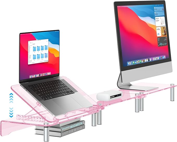 RQUOIRE Ergonomic Pink Acrylic Dual Monitor Stand with Adjustable Laptop Riser, Compatible with Desktop, Printer, TV and More Devices,monitor riser holder suitable for 2 monitors