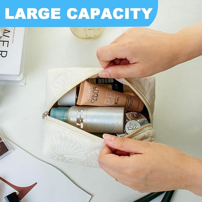 FITINI Makeup Bag Travel Large Portable Quilted Floral Print Cosmetic Organizer Cute Pouch for Women Soft Cotton Zipper Waterproof Toiletry Storage Bags