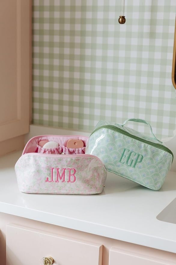 Personalized Flat Lay Makeup Bag - Clear-Coated Embroidered Cosmetic Organizer, Monogrammed Wide-Open Travel Pouch with Easy-Access Interior, Handmade Gift for Women (Peony)