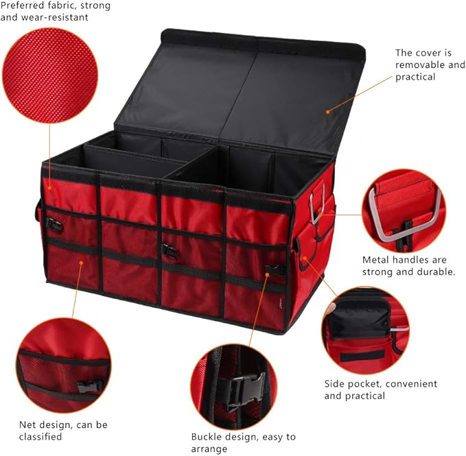 Car Trunk Organizer Collapsible Portable Multi Compartments Organizer with Non Slip Straps for SUV Truck Auto Vehicle Car Auto Minivan(Large covered, Red)
