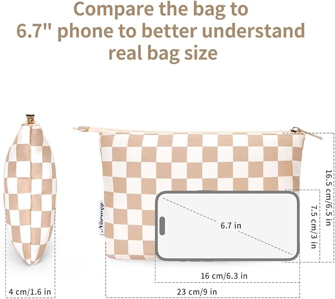 Narwey Small Checkered Makeup Bag for Purse Small Cosmetic Bag Women Travel Makeup Pouch Zipper Pouch (Light Checkerboard)