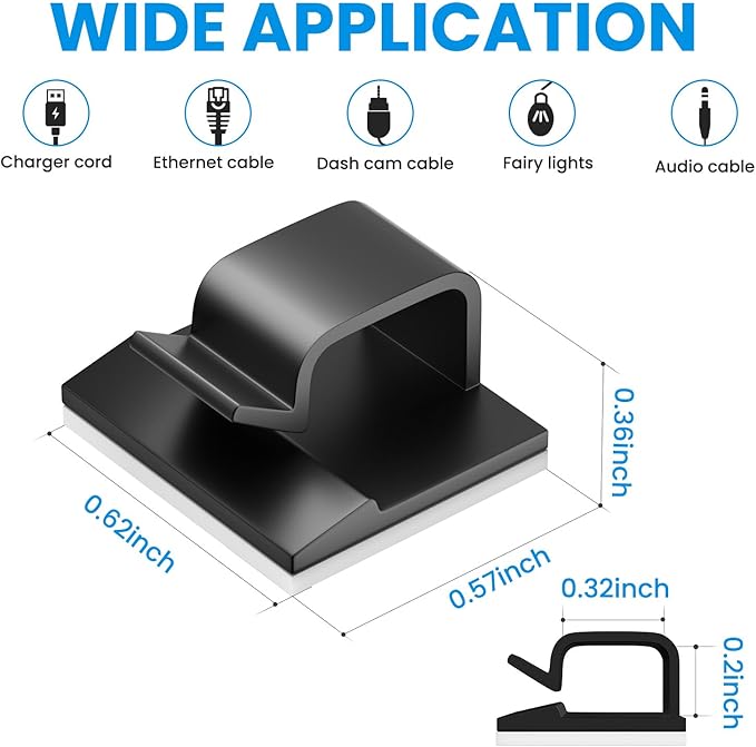 100 PCS Adhesive Cable Clips Black (50 Small & 50 Large), Cable Management Under Desk, Cable Wall Clip, Wire Clips for Cords of Car Dash Cam, HDMI, Extension Cord, TV PC Phone USB Ethernet Coax