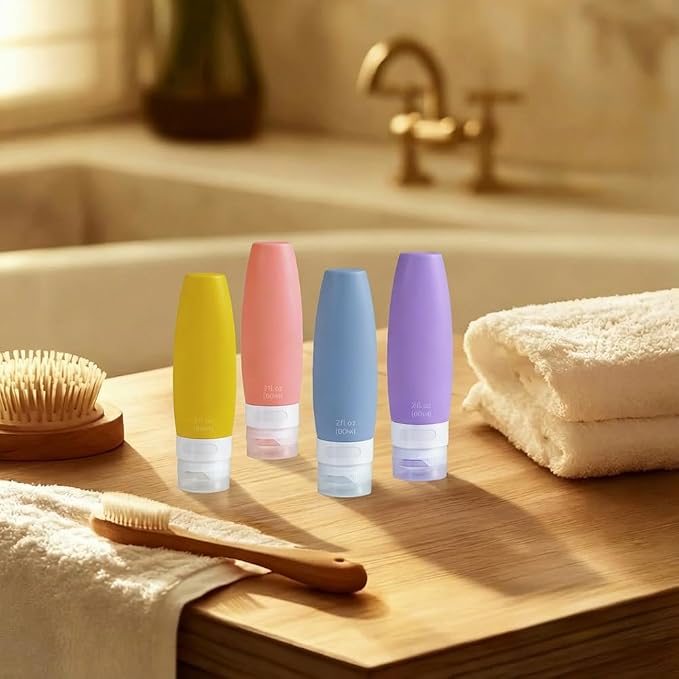 4 PCS Silicone Travel Bottles, 2oz Refillable Toiletries Containers Set, Small Empty Travel Size Bottles for Shampoo, Lotion, Shower Gel (Bright)