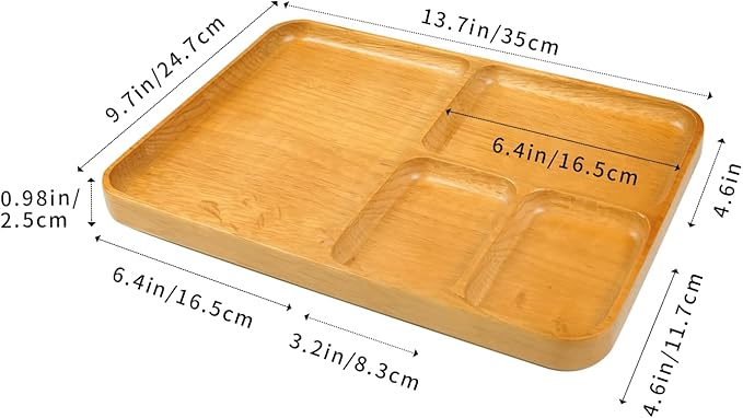 Desk Drawer Organizer Tray Wooden Valet Trinket Catch All Key Nightstand Tray with 4 Deep Dividers, 14x10x1'', Solid Wood Carved