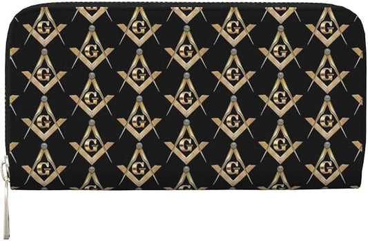 Masonic Square Wallet for Men Women Elegant Long Clutch Zip Around Travel Leather Coin Purse Large Capacity Credit Card Holder Handbag