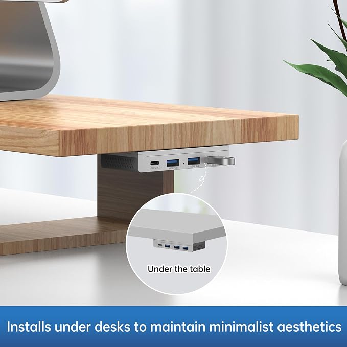 EJAY 4 Port Magnetic USB C Hub, 5Gbps Mountable Data Splitter with 59in Cable, Under Desk USB Hub with Mount, Magnetic Desktop Extender for PC Mac, Silver
