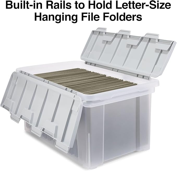 STAPLES Hanging File Folder Box, Storage Bin Organizer, Wing Lid, Letter Size Documents, Gray/Clear