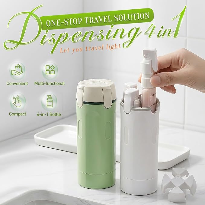 4-in-1 Travel Dispenser Bottle Refillable, 2026 New 4 Pack 30ML Travel Bottles for Toiletries, Leak Proof Travel Size Containers, Shampoo and Conditioner Bottles (Green+White) (Green)