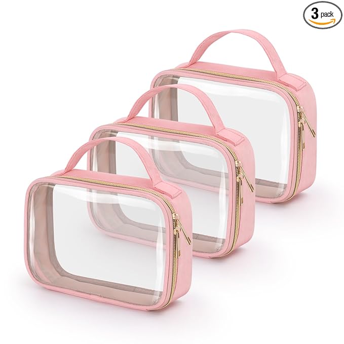 Wedama TSA Approved Toiletry Bag, 3 Pack Clear Makeup Bags with Handles, Quart Size Clear Toiletry Bags, PVC Cosmetic Bags for Women and Men, Carry on Airport Airline Comp (Pink, 3 Pack, Medium)