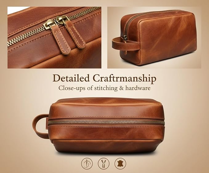 The Tannery Genuine Leather Toiletry Bag For Men & Women, Lightweight Pouch For Unisex, Durable Makeup Kit Bag, Best Gift For Father's Day, Stylish Travel Organizer, Thanks Giving (Tan Brown)