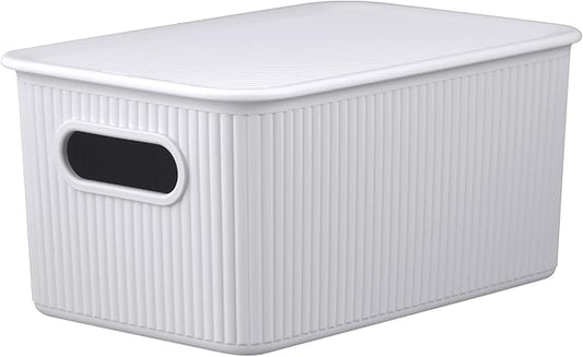 Decorative Plastic Basket Lidded Home Storage Bins Organizer Baskets, Medium White Smoke (1 Pack - 5 Liter) Stackable Container Box, for Organizing Closet Storage Bins for Shelves - Ribbed Collection