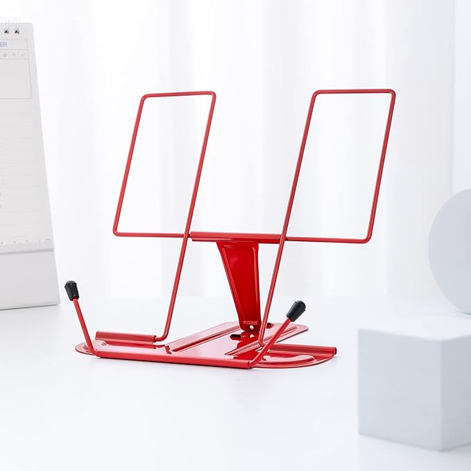 MSDADA Metal Book Stand for Desk, Adjustable Reading Rest Book Holder, Portable Cookbook Documents Holder, Sturdy Typing Stand for Recipes Textbooks Tablet Music Books with Page Clips (Red)