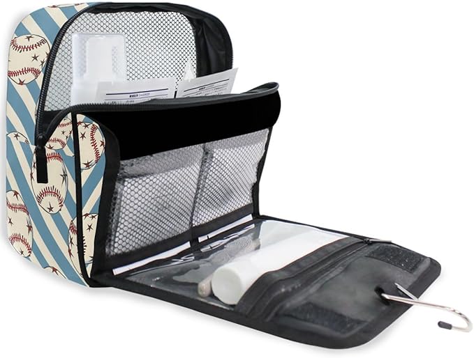Hanging Travel Toiletry Bag Kit Boys Makeup Case Cosmetics Organizer for Men Women (Baseball Balls Star Blue Stipes)