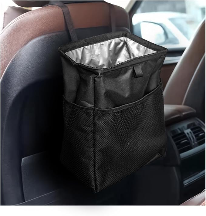 8sanlione Car Trash Can with Storage Pockets, Foldable Hanging Large Capacity Garbage Bin, Leak-Proof Waterproof Trash Bin, Multipurpose Organizer Car Accessories for Truck SUV (Black)