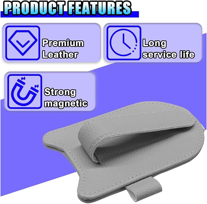 2PCS Sunglass Holder for Car Sun Visor, Magnetic Leather Vehicle Glasses Eyeglass Mount & Ticket Card Clip, Automotive Interior Visor Accessories, Universal for Sedan SUV Truck (Grey)