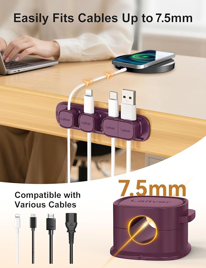 6 Pack Magnetic Cable Clips [1s Open/Lock], Laitver Cord Organizer Holder Strong Adhesive Desk Cable Management- Organize Charging Cords Neatly for Home, Office, Car,Desk, Nightstand-Dark Purple