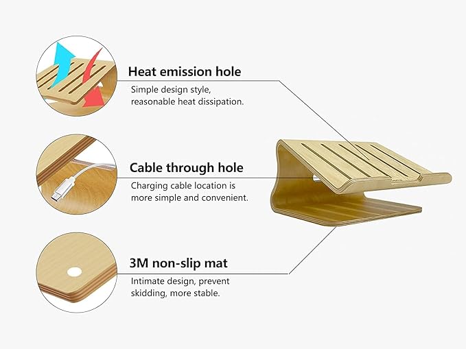 SAMDI Wood Laptop Stand, White Birch, Ergonomic Design for Most Laptops Heat Dissipation, Cord Management, Suitable for Desk or Tabletop (2020-02)