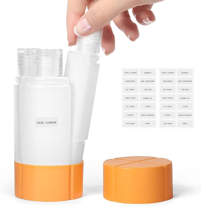 Olatay Travel Bottle, TSA approved 4-in-1 Leak-Proof Bottle, 4 * 60ml/2oz, with 2 Pre-printed Labels for Travel Gym Camping, Carry-On Travel Size Toiletries Shampoo Lotion Bottle for Women Men（Orange）