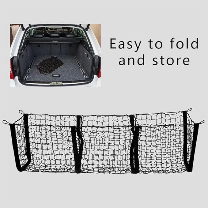 Cargo Net for Car, Truck Bed Storage, 3 Pocket Rear Trunk Cargo Net Stretchable Organizer Elastic Mesh Net, Universal Car Interior Accessories Cargo Storage Mesh Net Fit SUV, Pickup, Truck