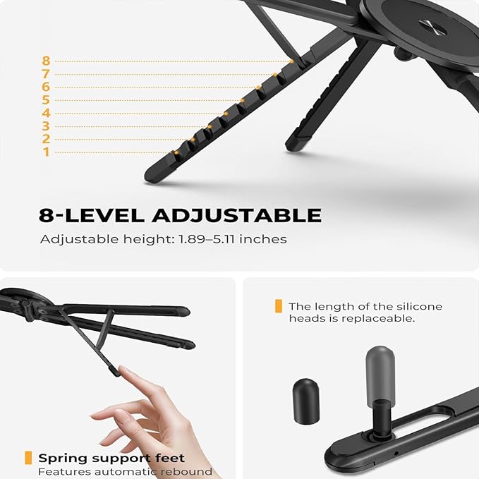 3 in 1 Magnetic Foldable Versatile Stand for Phone Tablet and Laptop,Aluminum Alloy Ergonomic 8-Level Adjustable Height Laptop Stand for Desk,Portable Holder for Home Office and Travel