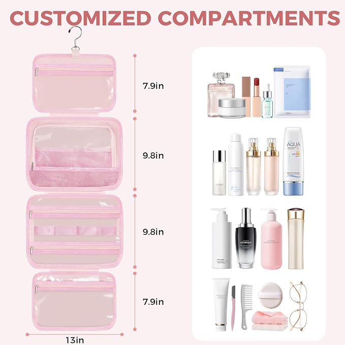 Toiletry Bag for Women, Portable Hanging Organizer, 4 Leakproof Compartments for Full-Sized Conditioners, Brush Sets, Makeup Accessories, Visible and Easy to Access, L, pink