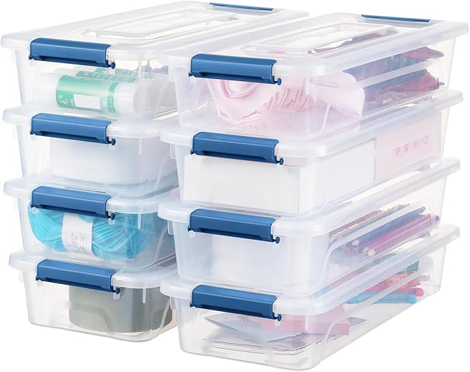 Plastic Storage Bin with Lid, Stackable Design, Clip Box for Crafts, Supplies and Office Items Container (8 Pack 4 Quart Blue)