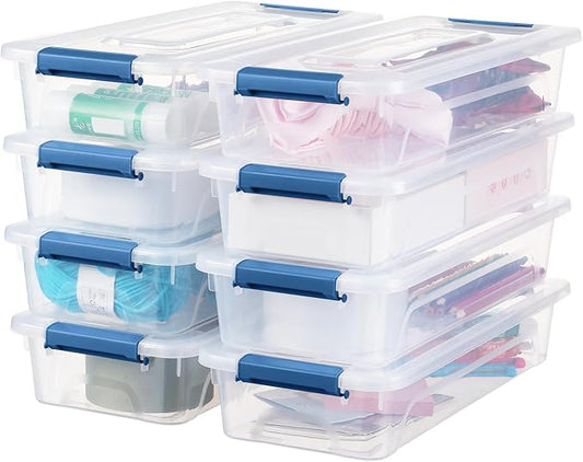 Plastic Storage Bin with Lid, Stackable Design, Clip Box for Crafts, Supplies and Office Items Container (8 Pack 4 Quart Blue)