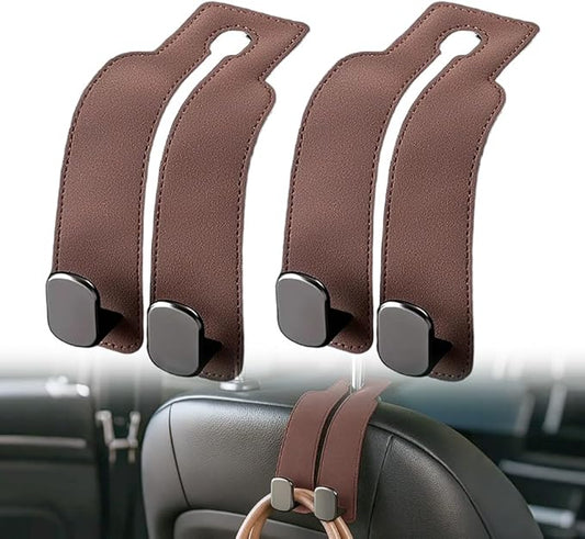 Fauppt Headrest Hooks for Car Car Seat Hooks for Headrest,2026 Hooks for Purses and Bags Cute Car Purse Holder,Twinhook Leather Car Headrest Hangers Seat Back Organizers for Travel (Brown-2)