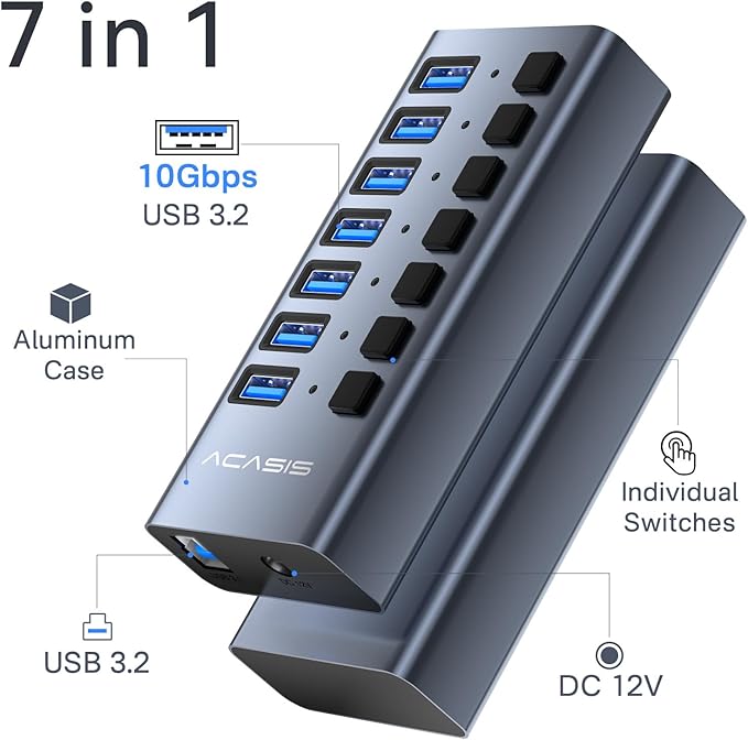 Powered USB 3.2 Hub, ACASIS 7 Ports USB 3.2 Hub with 10Gbps Data Speed, Aluminum Housing, USB Hub Powered with 24W Power Adapter, USB Hub for PC/Laptop, Computer, Flash Drive, Printer, Camera