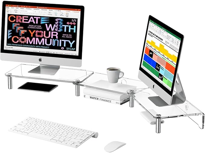 dual monitor stand riser, 3-layer transparent acrylic monitor stand with anti slip pad, adjustable length and angle, suitable for 2 monitors, desktop, laptop, PC, printer, TV screen