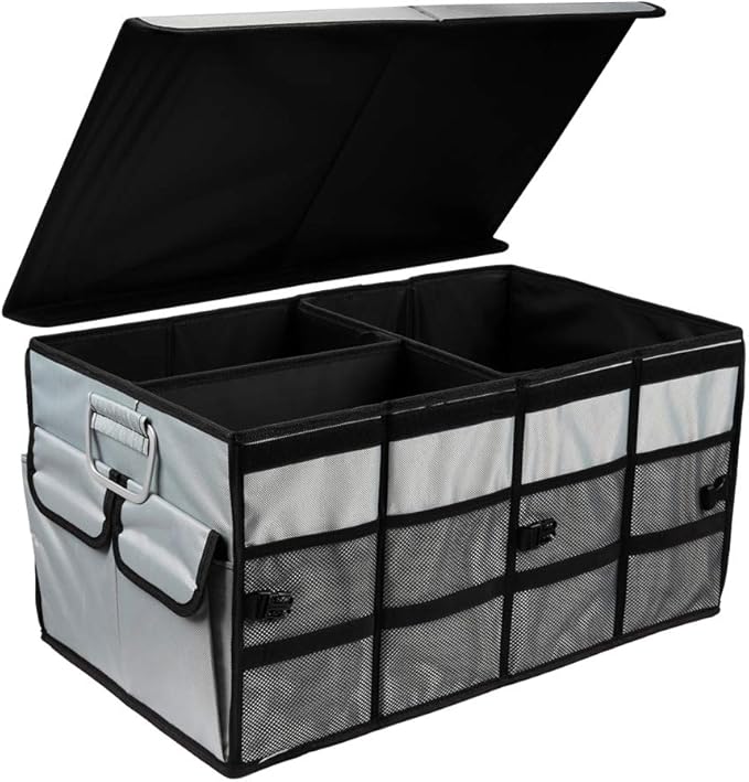Car Trunk Organizer Collapsible Portable Multi Compartments Organizer with Non Slip Straps for SUV Truck Auto Vehicle Car Auto Minivan (Large covered, Space gray)