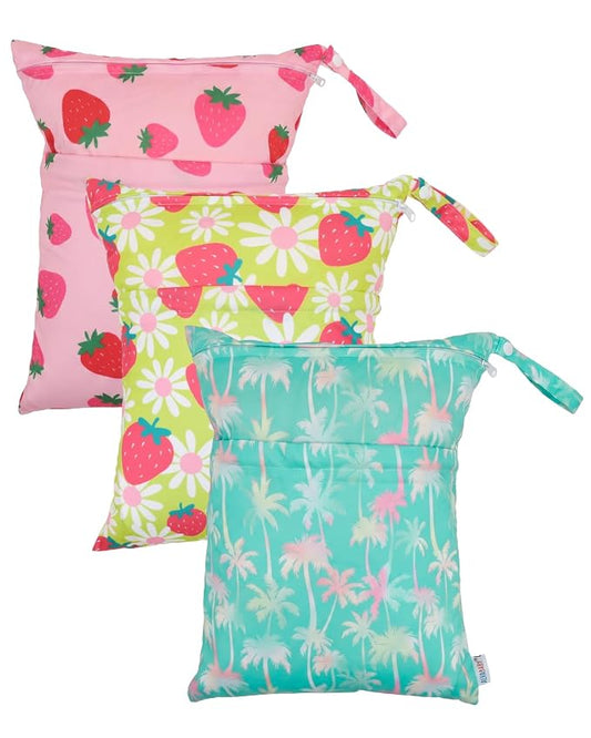 ALVA ALVABABY 3pcs Medium Cloth Diaper Wet Dry Bags Waterproof Reusable with Two Zippered Pockets Travel Beach Pool Daycare Soiled Baby Items Yoga Gym Bag for Swimsuits or Wet Clothes 3L-ZM43