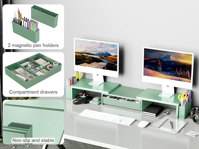 Spacrea Metal Desk Organizers and Accessories, Dual Monitor Stand Riser with Drawer and 2 Pen Holders, Book Racks, Desk Accessories & Workspace Desktop Organizers for Office Supplies (Sage Green)