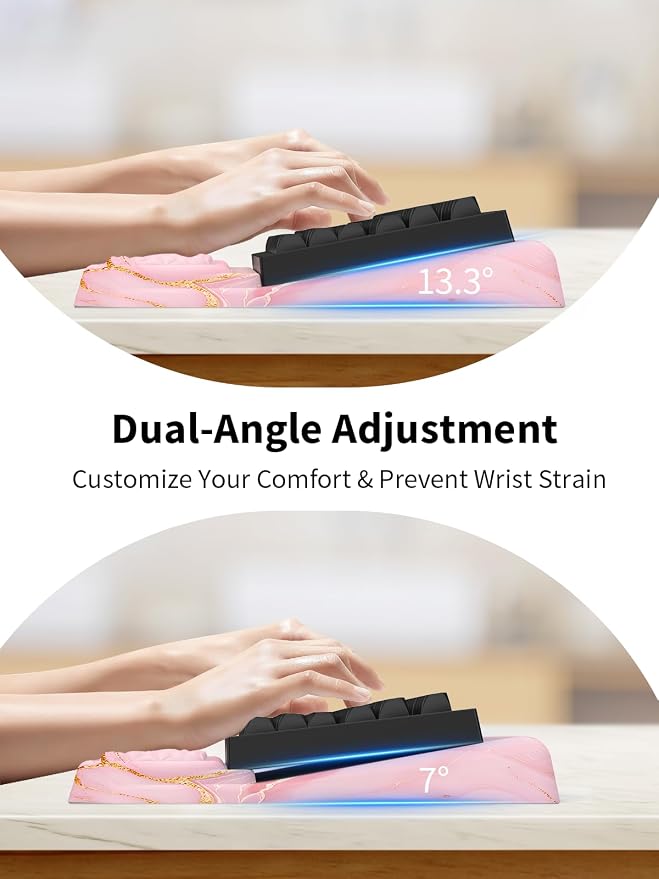 3-in-1 Ergonomic Keyboard Stand with Wrist Rest & Mouse Pad Set, Comfy Keyboard Riser Holder Soft Mousepad with Massage Design, Memory Foam and Non-Slip PU Base for Pain Relief, Pink Marble