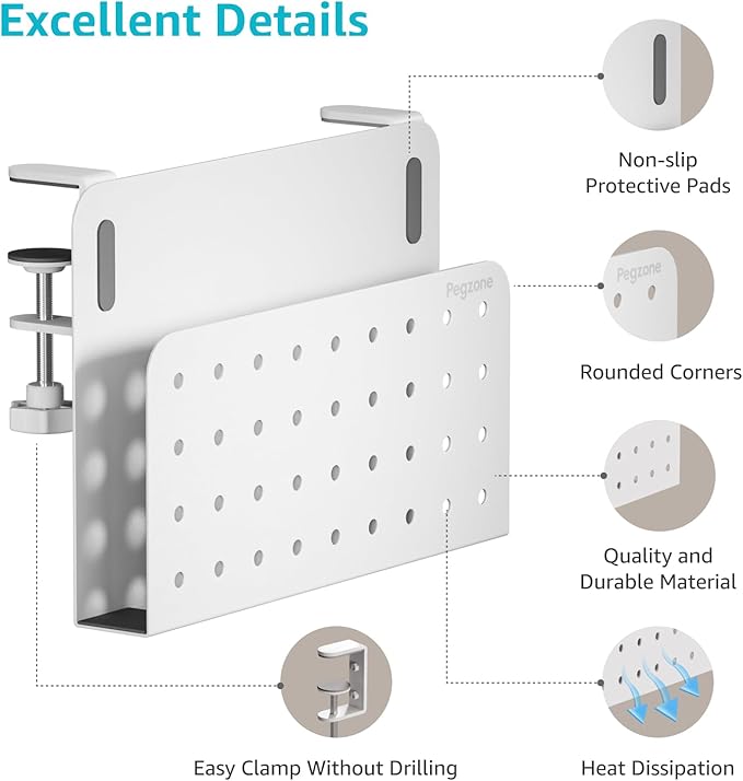 Desk Side Storage Organizer, No Drill Under Desk Laptop Holder, Clamp on Desks Shelf with Pegboard Accessories, Hanging Laptop Mount, Fits Flat Edge 0.4" to 2.2", White