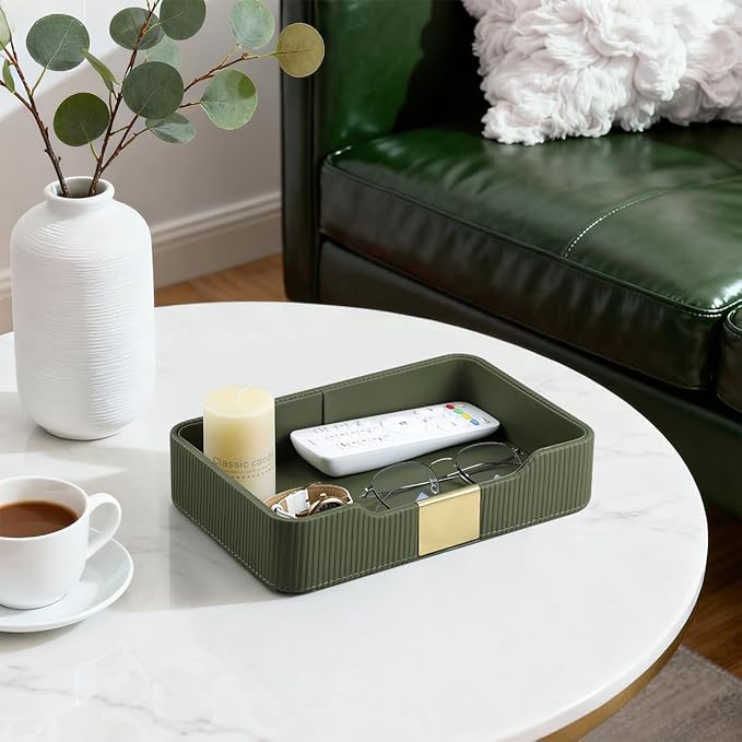 Valet Tray Desktop Storage Organizer, PU Leather Catchall Bedside Vanity Tray with Brass Accents Block Nightstand Organizer for Keys Watch Wallet Phone, Decorative Nightstand Storage (Green)