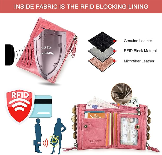 CONTACTS Soft Leather Wallet for Women Small Bifold Coin Purse Double Zipper Card Holder with RFID Blocking (Watermelon Red)