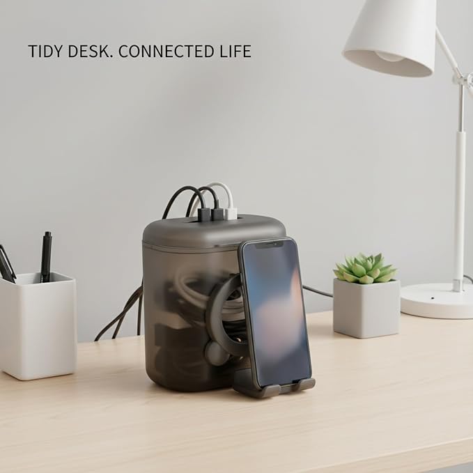 Desktop Cable Organizer Box, Compact Cord Management for Cables & Chargers, PP Plastic Case
