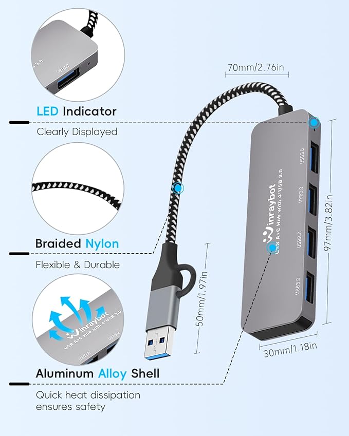 USB Hub for Laptop, 4 Port USB Splitter, USBA Hub to USB 3.0 Port Hub, USBC Splitter Multiple Port Hub, USB Port Extender for Laptop, PC, Desktop and More