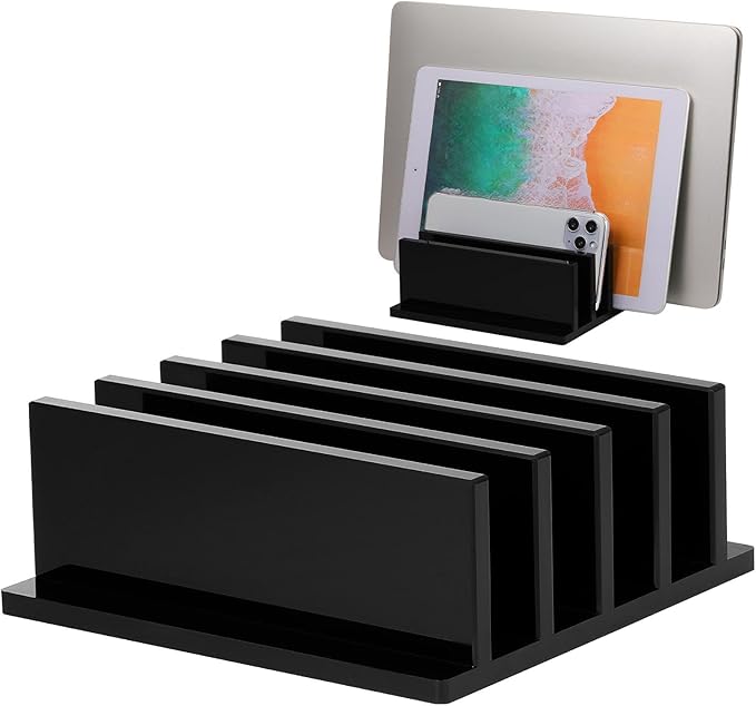 Frienda 1 Piece 4-Compartment Acrylic Vertical Laptop Stand, Can Accommodate with a Thickness of Less Than 2 cm, Fits Most Laptop (Black)