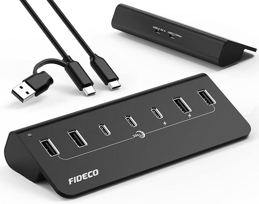 FIDECO Powered USB Hub, 7 Port 10Gbps Fast Data Hub for iPhone 16/15 and Laptop, Full Aluminum USB Splitter with 5V 3A Power Adapter, 4 USB A and 3 USB C Ports, Support BC1.2 Charging (Black)