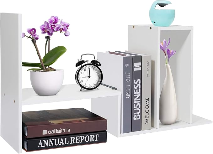 Hossejoy Wood Adjustable Desktop Storage Organizer Display Shelf Rack, Office Supplies Desk Organizer,White