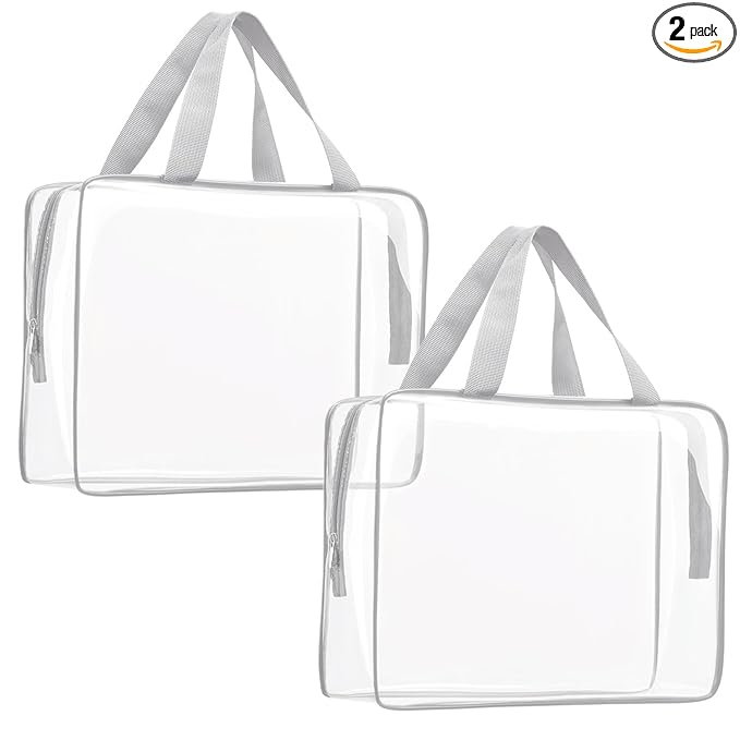 2Pcs Crystal Clear PVC Travel Toiletry Bag Kit for Women Men, Waterproof Vinyl Packing Organizer Storage Bags with Zipper Handle Straps, Cosmetic Pouch Carry on Airport Airline Compliant Bag Handbag