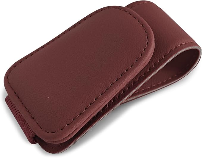 Sunglass Holder for Car, Sunglasses Clip for Car Visor, Magnetic Leather Vehicle Eyeglass Hanger Clip, Auto Ticket Card Glasses Organizer Clamp Accessories for SUV Sedan (Wine Red)