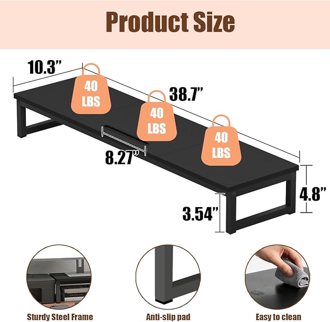 Dual Monitor Stand Riser, 38.7'' Long Wood and Steel Monitor Stand for 2 Monitors, Ergonomic Desktop Organizer with Tablet Stand for Computer,Laptop,TV (Black)