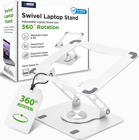 Uncaged Ergonomics Swivel Laptop Stand for Desk, Adjustable Computer iPad Stand for Desk w/ 360 Rotation, Portable Laptop Holder for Home Office Ergonomic Supplies (Pearl White)
