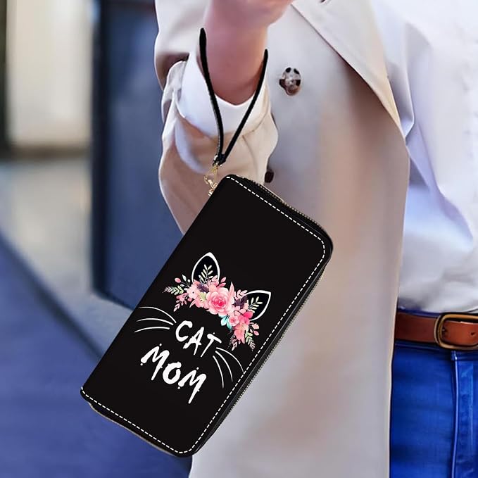 Women's Large Capacity Wallet PU Leather Zip Around Clutch Purse Multifunctional Wallet with Removable Wristlet Strap for Smart Phone/Coin/Card/Cash, Floral Cat Mom
