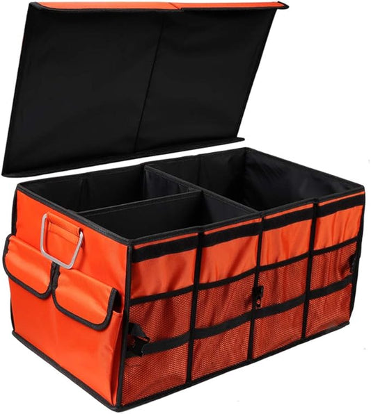 Car Trunk Organizer Collapsible Portable Multi Compartments Organizer with Non Slip Straps for SUV Truck Auto Vehicle Car Auto Minivan (Large covered, Orange)