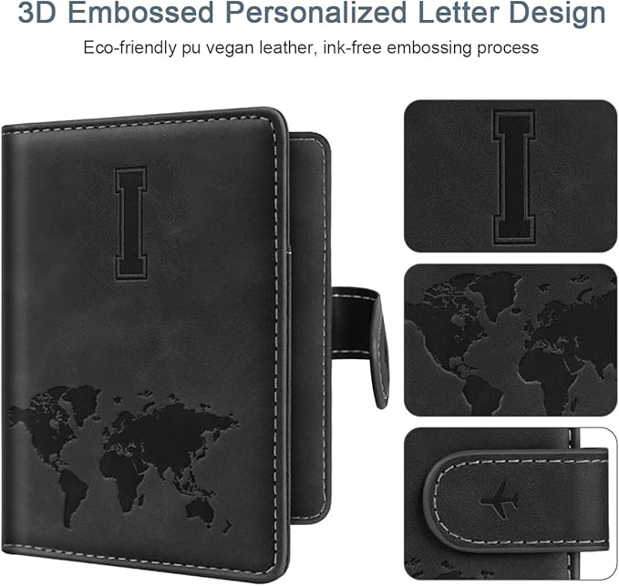 Passport Holder Wallet Cover Personalized Letter A-Z Travel Wallet RFID Blocking Passport Cover Wallet Case for Travel Passport Book Holders for Women and Men, Black-I